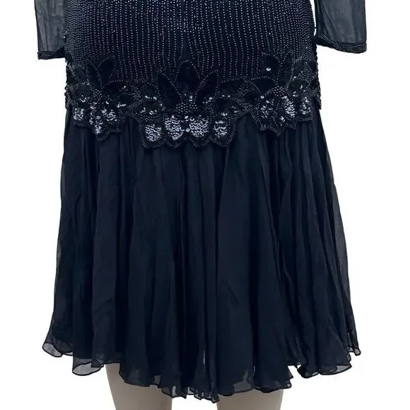 Vintage Black Tie He-Ro Evening Dress 8 Black Sequined Beaded Silk Drop Waist